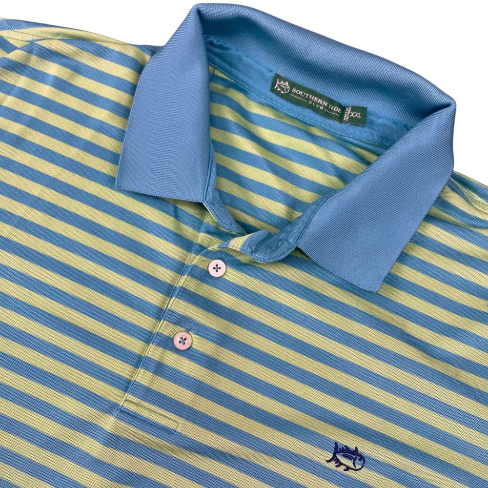 Southern Tide Club Men's XXL Blue Lime Green Striped Performance Golf Polo Shirt